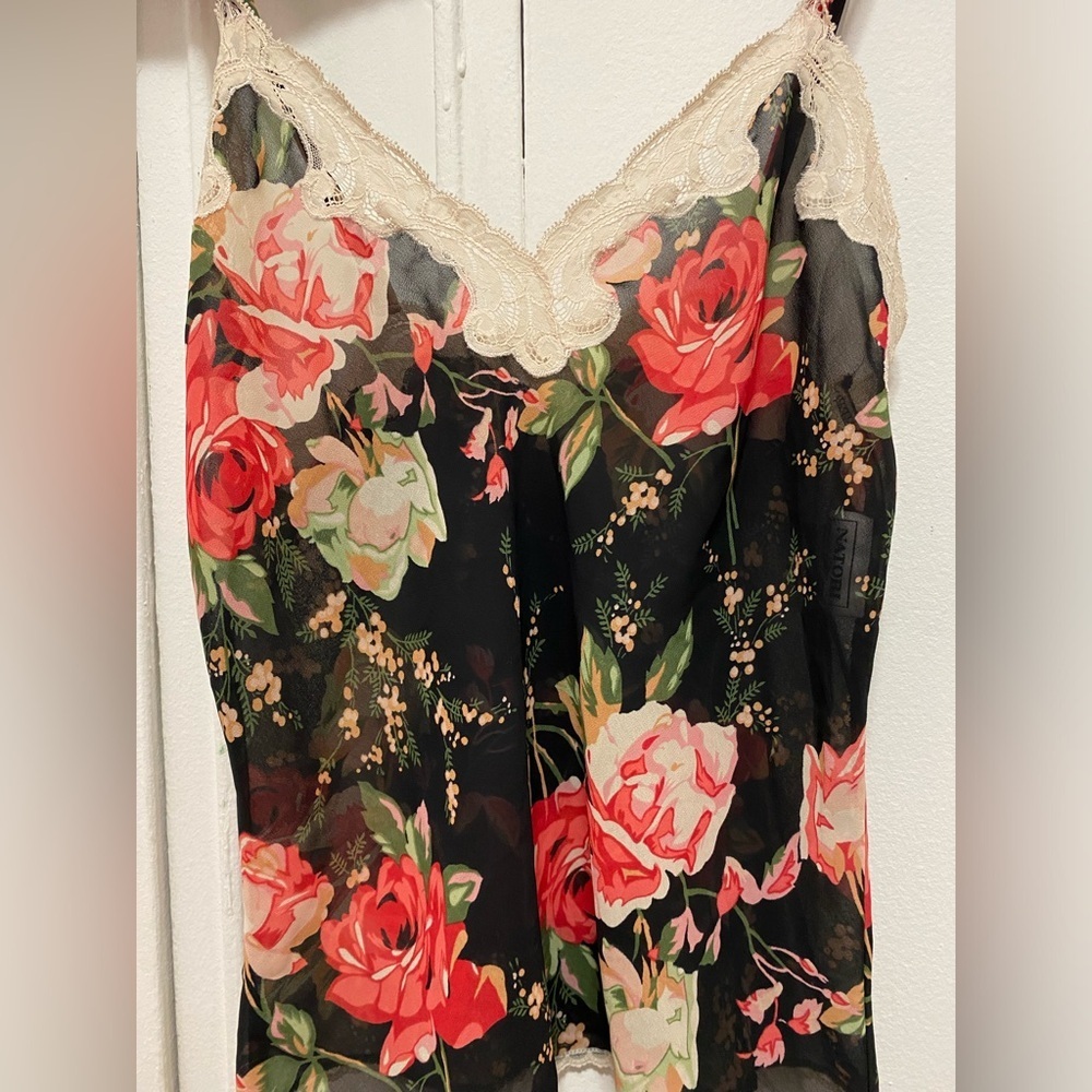 Vintage Natori Rose Floral Printed Lace Trimmed Detailed Top Cami Slip Small